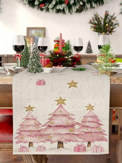 1 件粉色圣诞树图案桌旗，圣诞家居装饰桌旗，室内外派对用品，房间装饰。适用于圣诞节家庭厨房装饰和圣诞节活动派对装饰（4 件餐垫、1 件靠垫套可供选择）