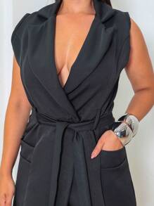 Women's Tailored Jumpsuit Blazer Vest Shorts Built-In Shaper With Tie - 黑色 - 查看 6