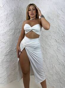 Trio Bikini Set Mid-Rise Skirt With Side Slit Cropped Top With Straps Stylish Gringa Panties Hot Pants - 白色 - 查看 6