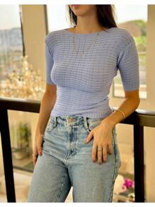 NEW COLLECTION WORKED MODAL BAT KNIT BLOUSE - 淺藍色 - 查看 1