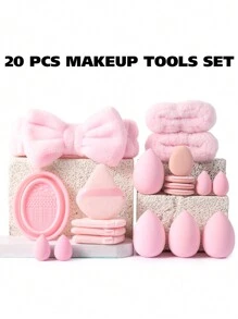 1/20/41PCS Makeup Tools Set Including:20PCS Makeup Brush Set+4PCS Makeup Sponges+4PCS Mini Makeup Sponges+4PCS Triangle Powder Puffs+4PCS Mini Air Cushion Powder Puffs+1pc Hairband+2PCS Hand Bowl Strap+1pc Makeup Brush Cleaning Tools+1pc Storage Bucket