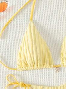 Summer Sexy Beachwear Solid Color Split Swimwear, Light Yellow Vertical Stripe Mesh Decoration Backless Collar Lace Up Bikini - Yellow - View 5