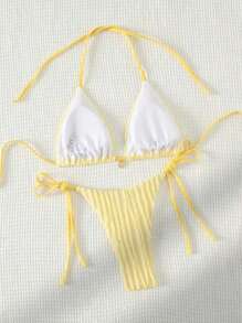 Summer Sexy Beachwear Solid Color Split Swimwear, Light Yellow Vertical Stripe Mesh Decoration Backless Collar Lace Up Bikini - Yellow - View 3