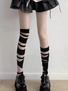 2 pares Meias Altas Acima do Joelho Pretas e Brancas Doces e da Moda, Meias de Seda Transparente Até a Coxa com Fitas, Adequadas para Primavera e Verão