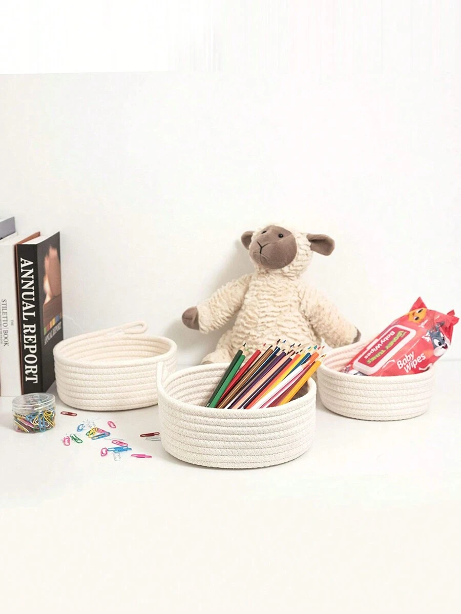 Rope Woven Storage Basket With Handle, Desktop Organizer Basket For Toys, Stationery, Cosmetics, Home Use