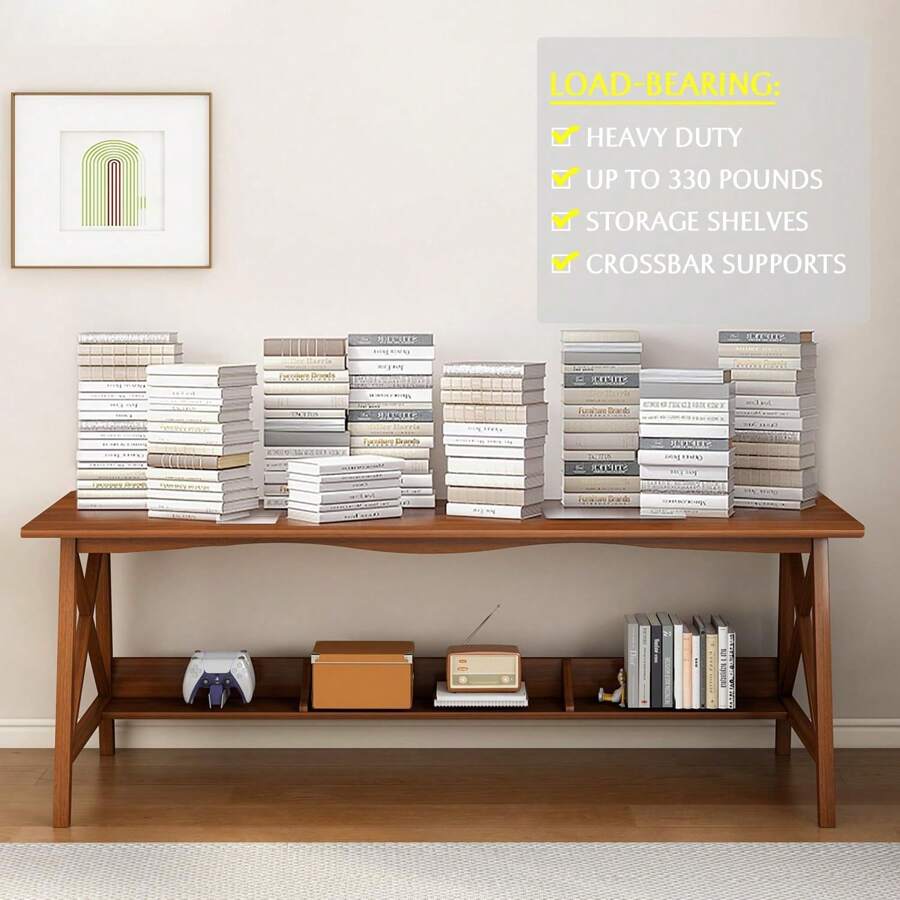 Long Desk With Bookshelf Solid Wood Home Office Work Study Table, 2