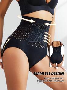 Seamless Printed Hollow Out Underwear Women High Waist Tummy Control Panties Postpartum Shapewear Breathable Lingerie - Black - View 4