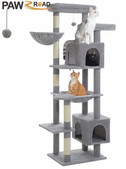 PAWZ Road Torre de árbol para gatos de varios niveles de 175 cm para gatos de interior - Centro de actividades con 5 postes rascadores de sisal, 2 cuevas, cesta, hamaca y perchas de felpa