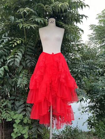 1 件红色多层蕾丝荷叶边公主婚纱衬裙情人节、万圣节秋季女士服装