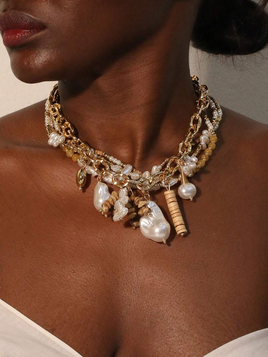 1pc Baroque Pearl & Natural Coconut Shell Beads Multi Layer Necklace, Suitable For Women Daily Wear