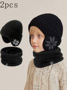 2pcs Winter Beanie Hat And Scarf Set For Boys And Girls - Warm Knit Hat + Windproof Warm Neck Warmer