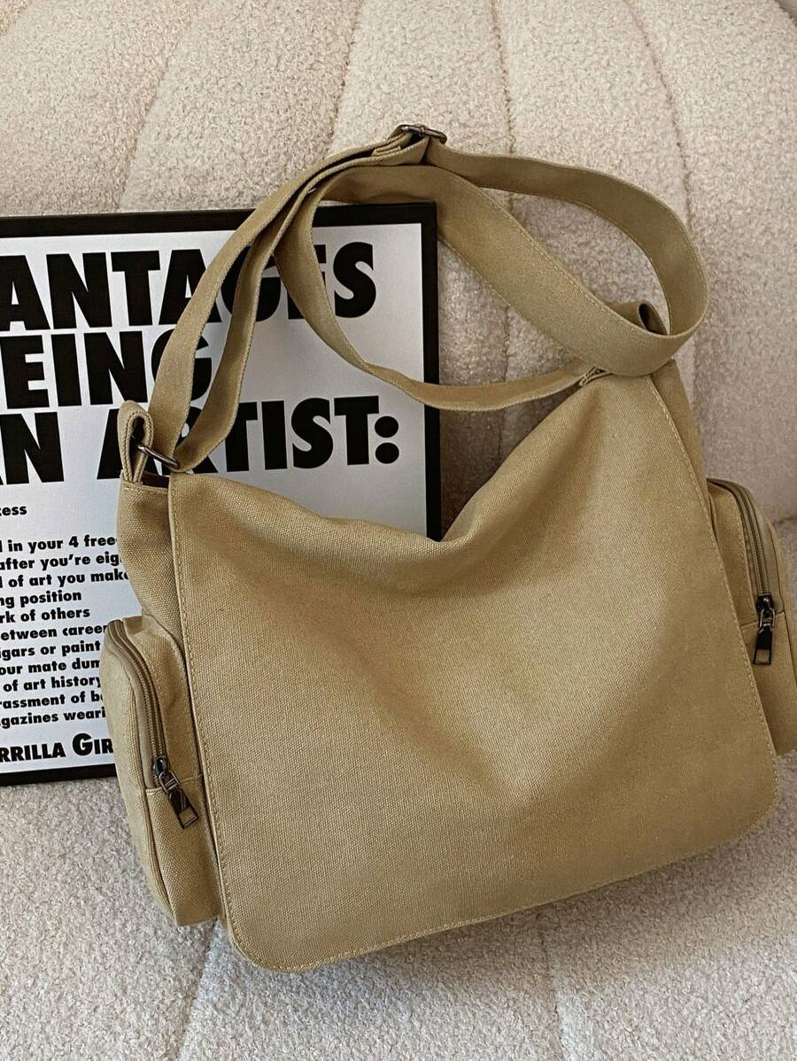 1pc Stylish Solid Color Canvas Crossbody Bag, Large Capacity, Flap