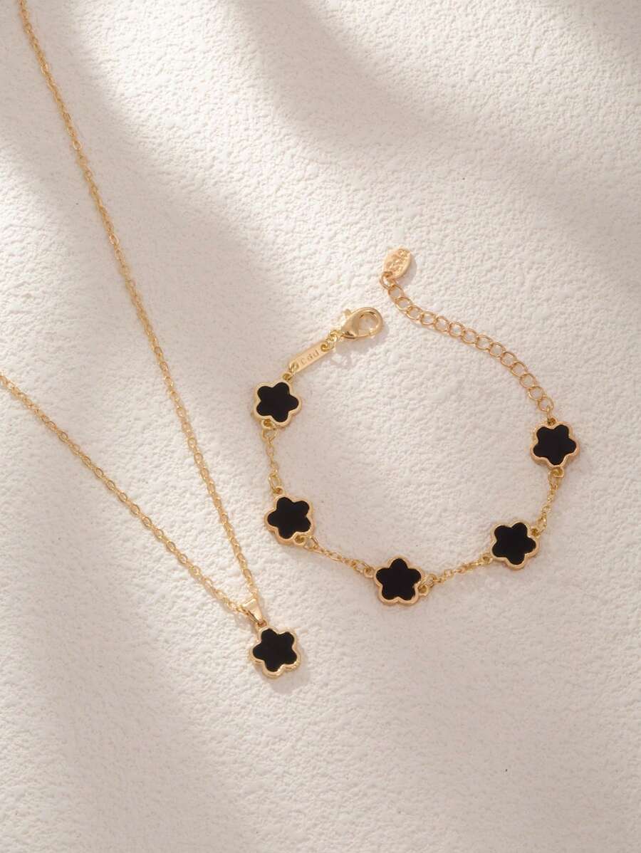 Bộ quà tặng trang sức trang trí hoa thời trang 2 món cho nữ, gồm vòng cổ, vòng tay và phụ kiện tóc - màu đen - Xem 1