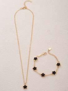 Bộ quà tặng trang sức trang trí hoa thời trang 2 món cho nữ, gồm vòng cổ, vòng tay và phụ kiện tóc - màu đen - Xem 3