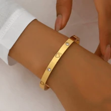 Bộ 3 chiếc/bộ vòng tay thép không gỉ cổ điển, vòng tay đính đá Rhinestone, mạ vàng, trang sức không gây dị ứng cho phụ nữ - Vòng đeo tay có thể mở được - Xem 11