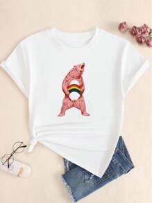 Women's Pink Angry Bear T-Shirt Basic Printed Women's Fashion Blouse - 白色 - 查看 1