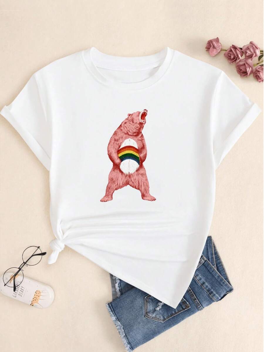 Women's Pink Angry Bear T-Shirt Basic Printed Women's Fashion Blouse - 白色 - 查看 1