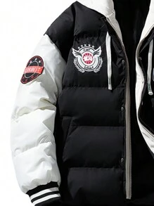 Men's Long Sleeve Detailed Drawstring Hooded Striped Padded Coat, Fall/Winter - Black - View 4