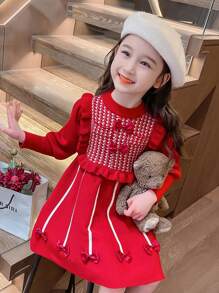 1 chiếc váy len họa tiết răng sói trang trí hình bướm cho bé gái/trẻ em gái, thời trang mùa thu - Đỏ - Xem 2