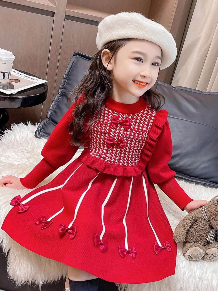 1 chiếc váy len họa tiết răng sói trang trí hình bướm cho bé gái/trẻ em gái, thời trang mùa thu - Đỏ - Xem 1