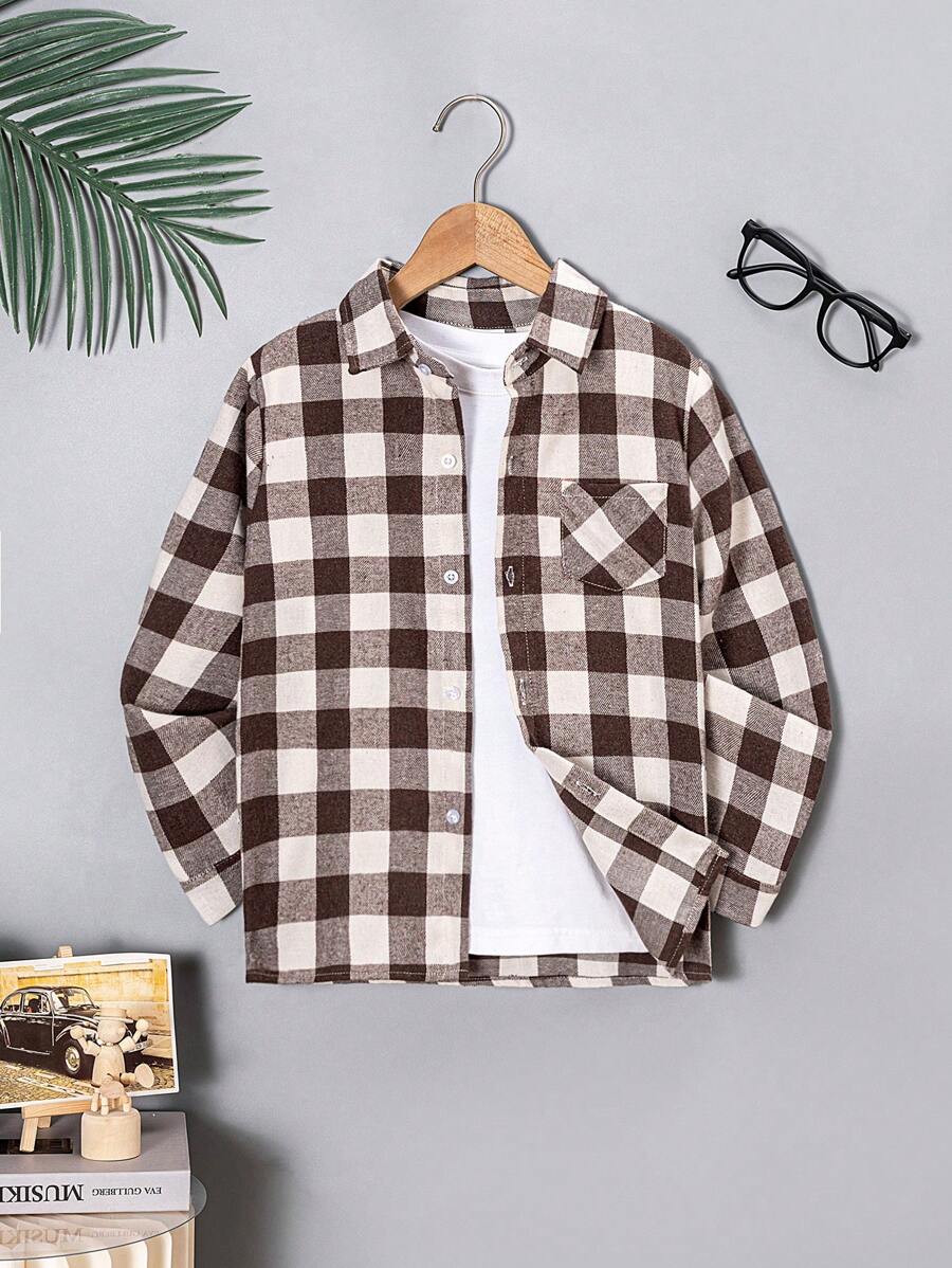 Camisa de manga larga a cuadros marrón café y blanca, de estilo callejero casual para niño - Café integral - Ver 1