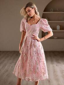 Simplee 女士甜心領氣泡短袖提花連衣裙 - 粉色 - 查看 4