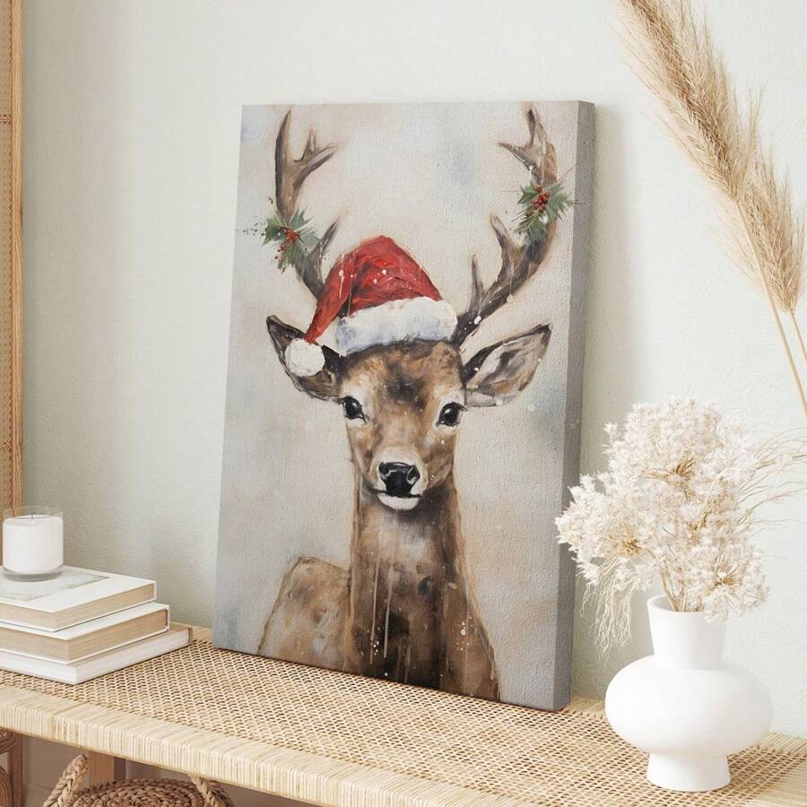 1 bức tranh trang trí tường Giáng sinh hình tuần lộc tĩnh vật, nghệ thuật Giáng sinh mộc mạc, tranh in trang trí Giáng sinh, tranh in nghệ thuật ngày lễ cổ điển - trên vải canvas - (có khung) - Nhiều màu - Xem 1