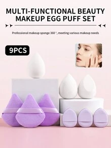 Bộ 9 dụng cụ mút trang điểm mềm mại thân thiện với da màu tím - 3 bông phấn hình quạt hai lớp & 3 dụng cụ tán phấn lớn & 3 bông phấn dạng đệm ngón tay cái - Màu tím - Xem 2