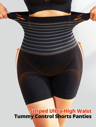 FLARIXA 1pc Black Postpartum High Waist Seamless Striped Belly Control Panties Body Shaper Shorts Panty Shapewear For Women