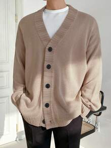 Unisex Casual V-Neck Button Cardigan, Loose Design Korean Fashion Loose Fit Knitted Sweater For Autumn/Winter, Minimalist Style