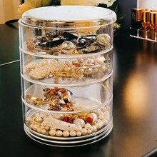 1 pieza Caja de joyas giratoria transparente multicapa aleatoria, almacenamiento a prueba de polvo para pendientes, collares y pulseras