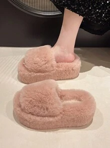 女士户外毛茸茸拖鞋 - 休闲蓬松厚底一脚蹬拖鞋，舒适厚底毛茸茸拖鞋，适合秋冬季，时尚优雅，适合居家和外出 - 粉色 - 查看 5