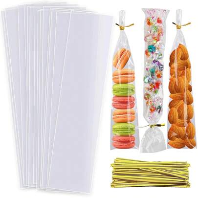 100 个椒盐卷饼袋，5x25cm/8x28cm 长糖果袋 OPP 袋派对礼品袋，适用于生日烘焙饼干糖果甜点，带扭结
