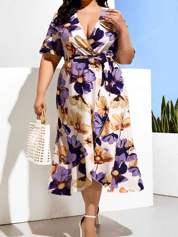 Vestido largo extra talla grande con estampado floral en v moda para mujer vestido con cinturón elegante,Navidad, Regalo de Navidad, Invierno, Día de Acción de Gracias, Decoración Navideña, Maquillaje, Fiesta, Playa, Viajes, Ropa de Vacaciones, Rosa, Años 2000, Venta, Ofertas, ,Regalo.