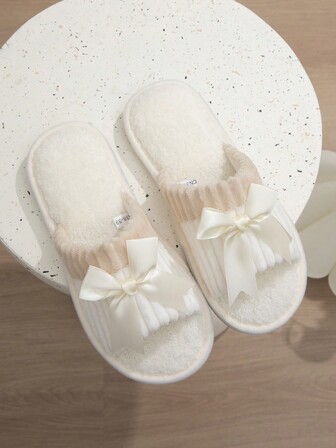 Bow Decor Tofflor, Casual Open Toe Fluffy Slip On House Tofflor, Bekväma inomhustofflor för kvinnor