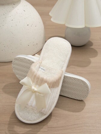 Bow Decor Tofflor, Casual Open Toe Fluffy Slip On House Tofflor, Bekväma inomhustofflor för kvinnor
