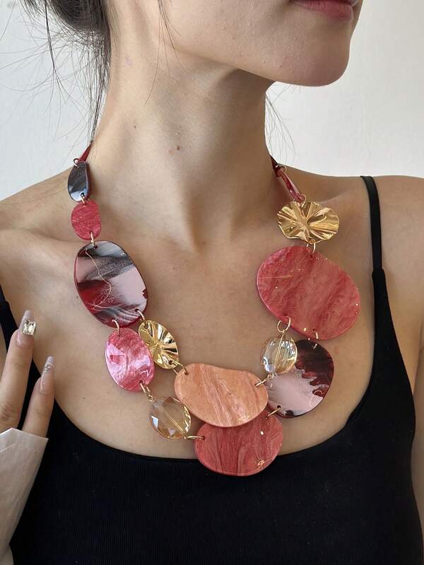 1pc Fashionable Vintage Multicolor Bib Short Necklace, Women Layered Chain Pendant Necklace, Resin Decor Jewelry Gift
