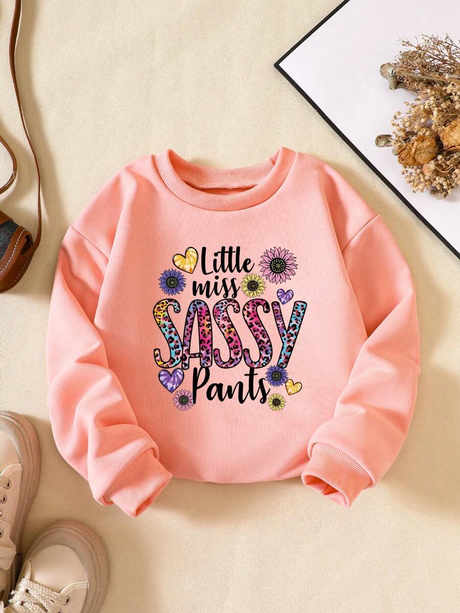 女童时尚标语印花休闲套头长袖运动衫，适合春秋冬季 - 粉色 - 查看 1