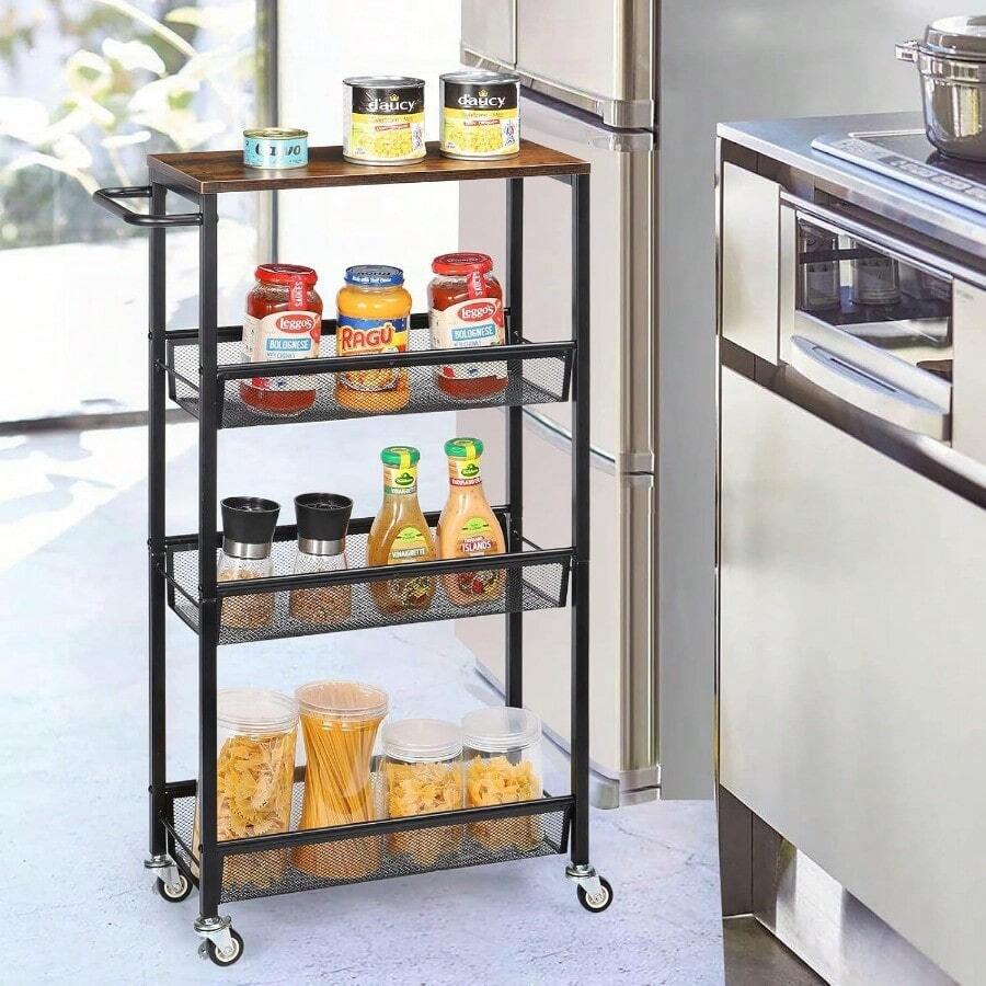 Slim Storage Trolley, 4Tier Rolling Kitchen Shelf, Mobile Narrow