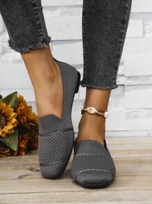Women Knitted Flat Square Toe Loafers, Comfortable Breathable Mother Shoes For Spring & Autumn