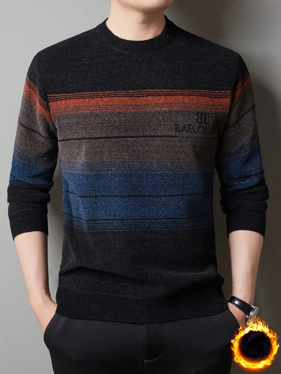 Navy Blue Men's Winter Thick Thermal Lined Chenille Striped Knitted Sweater - Navy Blue - View 1