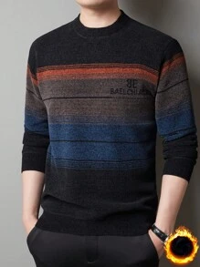 Navy Blue Men's Winter Thick Thermal Lined Chenille Striped Knitted Sweater - Navy Blue - View 3