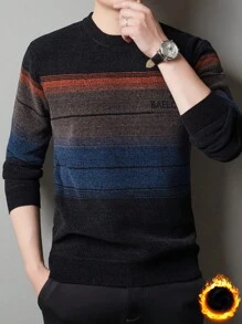 Navy Blue Men's Winter Thick Thermal Lined Chenille Striped Knitted Sweater - Navy Blue - View 4