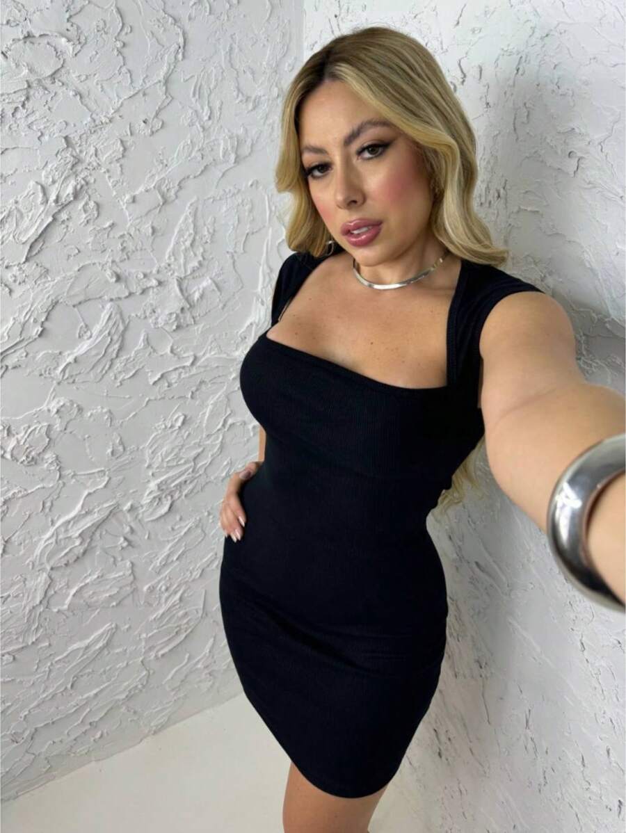 Body Shaping Dress Vintage Short Sleeve Midi Ribbed Fabric Blogger