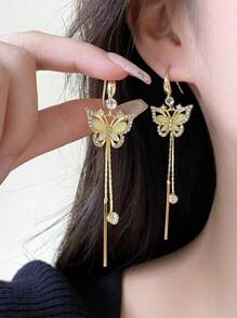精致蝴蝶闪亮锆石镶嵌长款吊坠耳环优雅奢华风格锌合金首饰婚礼配饰