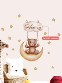 1 Pieza de 30 x 120 cm Pegatinas de pared personalizadas con texto, pegatinas de pared de dibujos animados con luna, nubes, osos, estrellas, globos para decoración de dormitorio, sala de estar, Pintura decorativa para el hogar, Pintura autoadhesiva removible para decoración de aula escolar, PVC