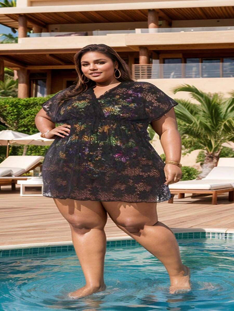 Plus Size Beach Cover-Up With Drawstring At The Waist, Beach Sarong All In Fishnet Lace, Closed At The Front, Short Sleeves, Large Size From 46 To 60 - Black - View 1