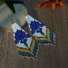 AHAYA 官方原创蓝花串珠耳环，波西米亚风格种子珠流苏耳环，手工玻璃珠吊坠耳环，时尚女士耳环，适合日常佩戴，女孩节日礼物 - 藍色花朵 - 查看 4