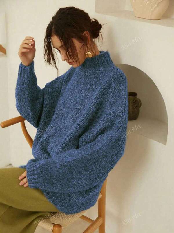 Knit Mix Women's Thick Knit French Style High Neck Long Sleeve Sweater, Plus Size Retro Pullover For Fall And Winter, Casual Everyday Wear Back To School Fall Women Clothes Autumn