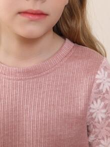 Tween Girl Knit Long Sleeve Slim Fit Floral Fashion Party Gathering Short Dress - Pink - View 4